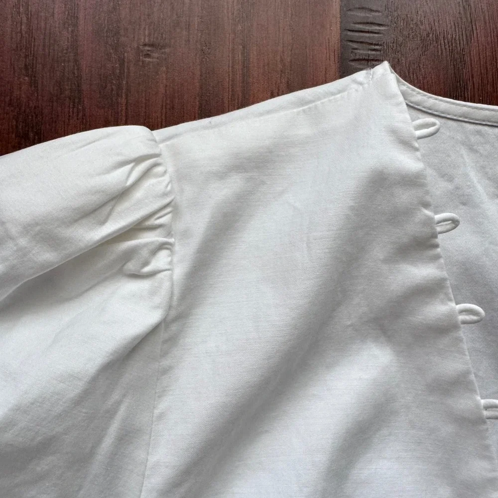 Reformation White V-Neck Puff Sleeve Button Front Top Blouse Sz 12 Cottagecore